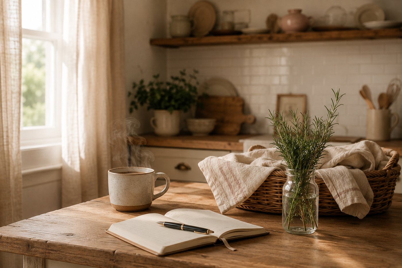 A quiet cream-and-wood kitchen mid-morning — a folded basket of ivory linens beside a cream stoneware mug of coffee, an open notebook with a fountain pen, and a sprig of rosemary in a glass jar, in soft natural light from a window with cream linen curtains.