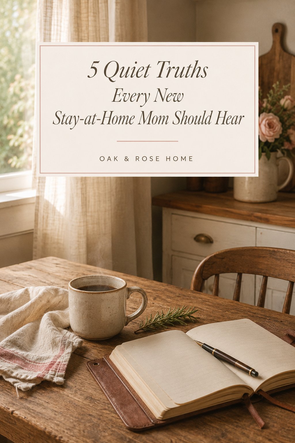 A sunlit kitchen mid-morning — a cream stoneware mug of steaming coffee on a warm-wood table beside a leather-bound journal, with soft linen curtains and dusty rose blooms in the background.