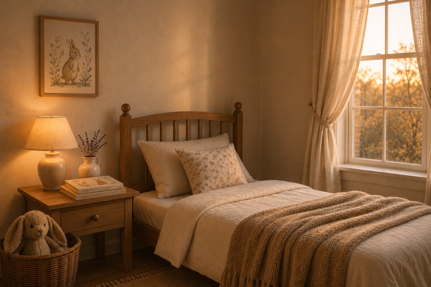 A softly lit toddler bedroom at dusk — wooden bed with cream linen sheets, warm ceramic lamp, sheer curtains catching golden-hour light