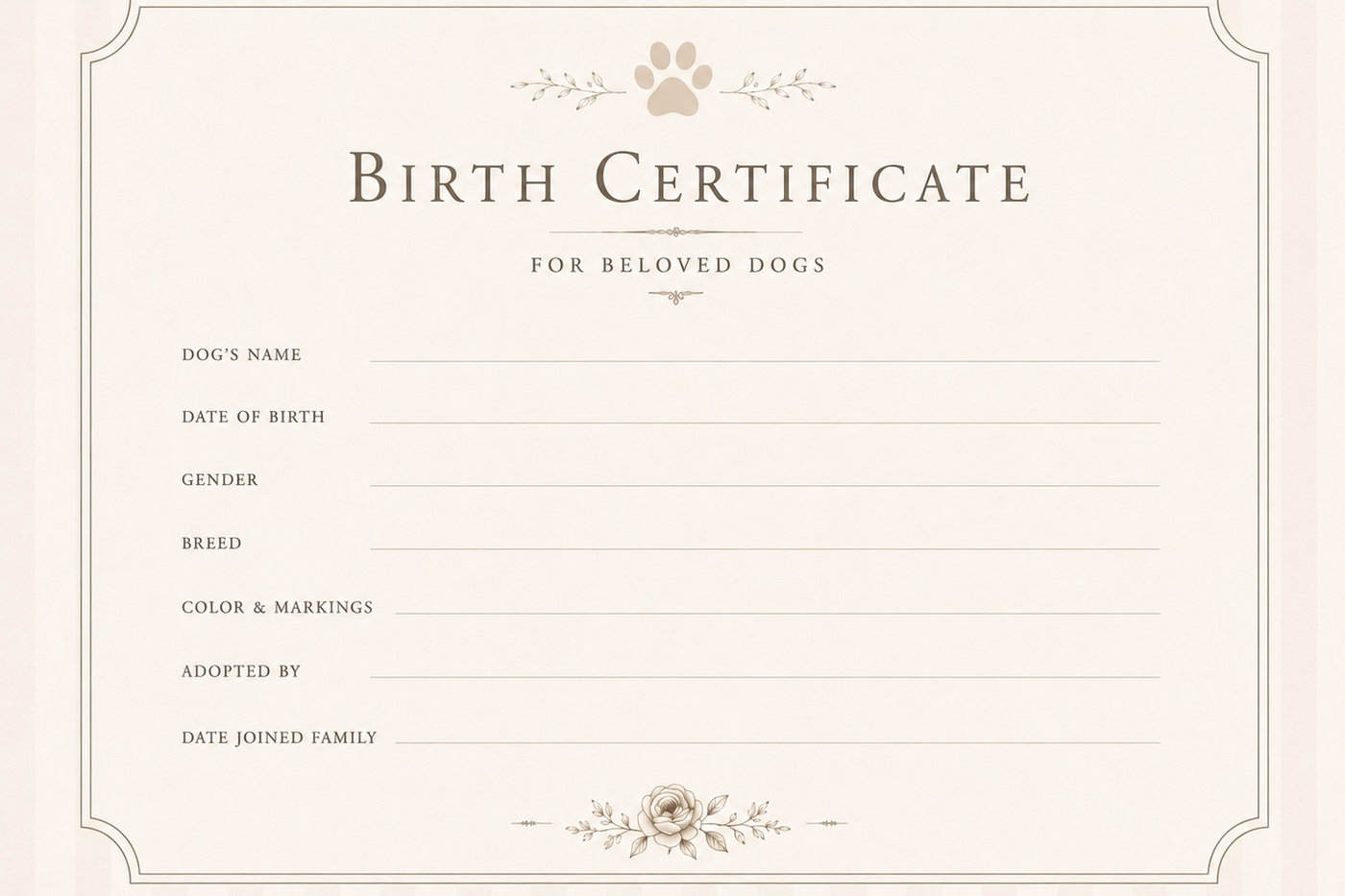 The Beloved Dogs Birth Certificate printable — a refined horizontal dog birth certificate with a paw-print emblem and rose sprig on soft cream, ready to frame