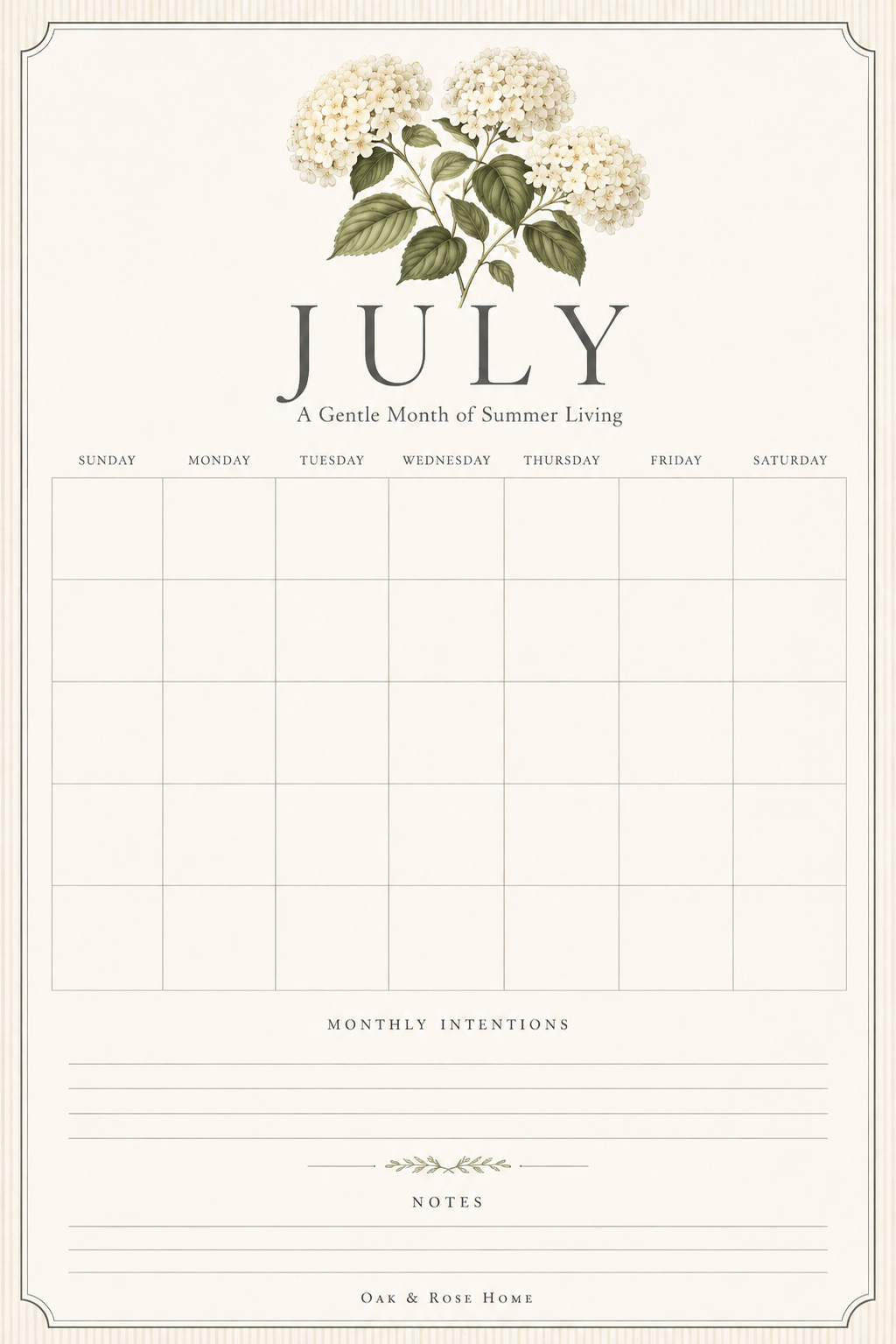 The July calendar printable from Oak & Rose Home, featuring Hydrangea botanical artwork.
