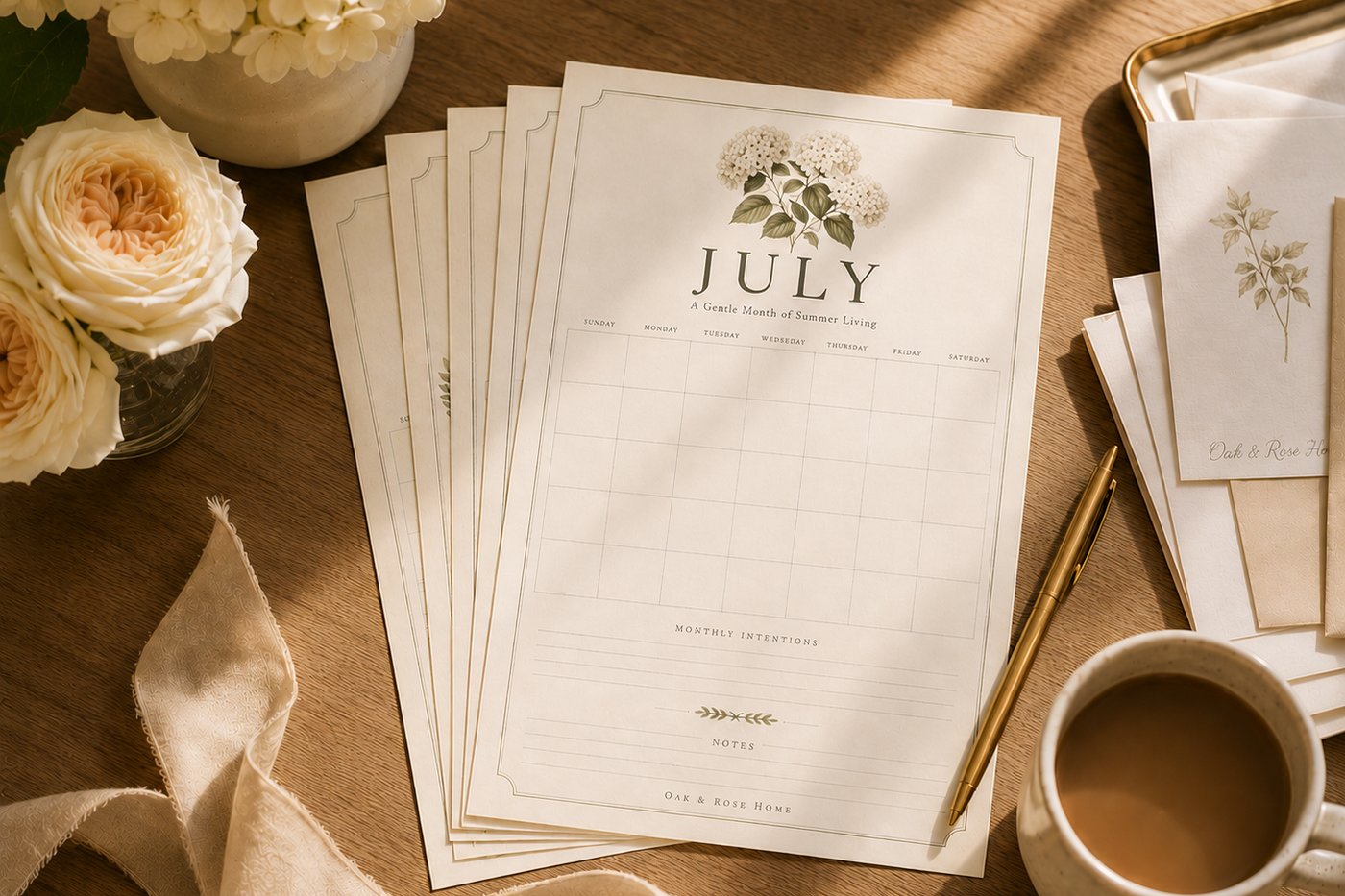 An undated July calendar printable from Oak & Rose Home, fanned on a warm walnut surface with cream-blush garden roses, an antique brass fountain pen, and a cream stoneware mug of coffee in soft amber afternoon light