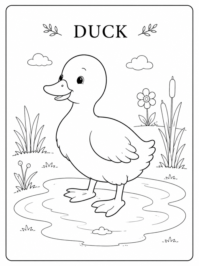 Duck coloring page from the Oak & Rose farm animal printable pack