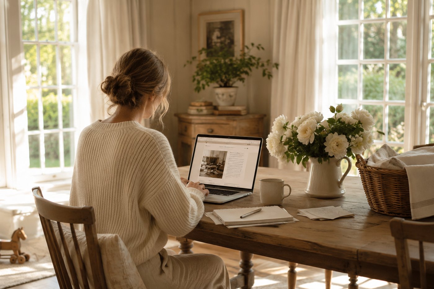 A faceless mother at a refined wood writing table in a sunlit English country dining room — for the Niche Discovery Worksheet.