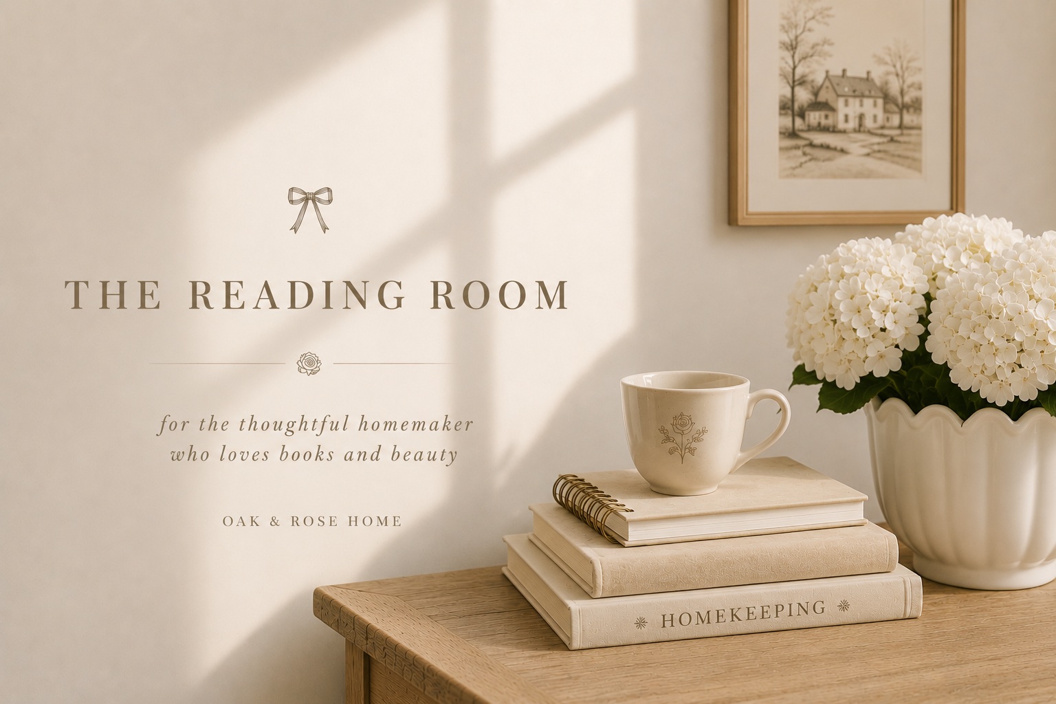 A cream-walled reading nook with a stack of linen-bound books, a rose-etched teacup, and white hydrangeas on an oak table, beside a framed country-house drawing.