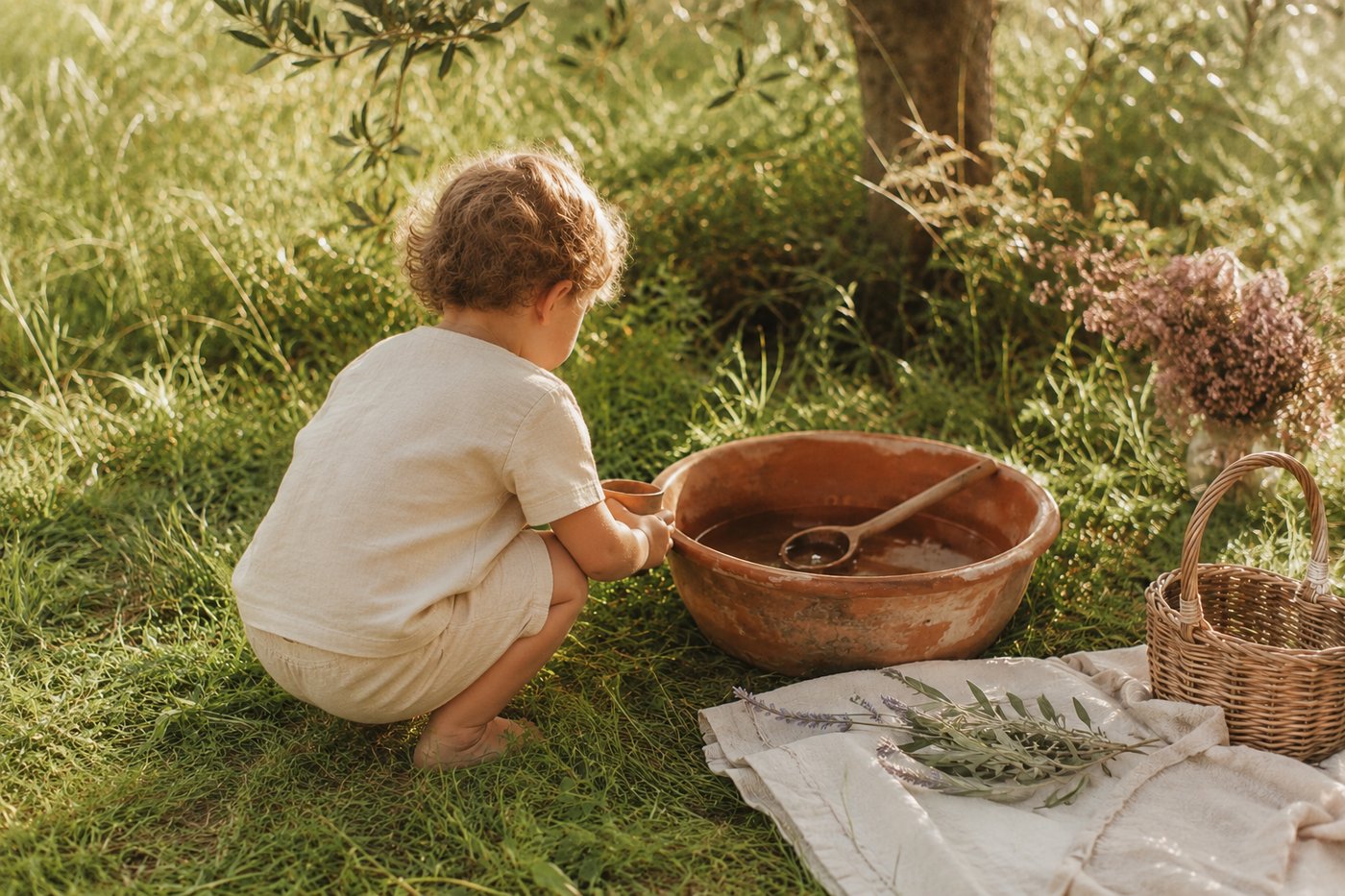 A faceless toddler in soft cream linen, crouched in golden summer grass beside a large vintage terra cotta basin of water with a wooden spoon, a small woven basket of dried botanicals and a folded cream linen blanket with green foliage nearby — a quiet outdoor afternoon in late summer light.