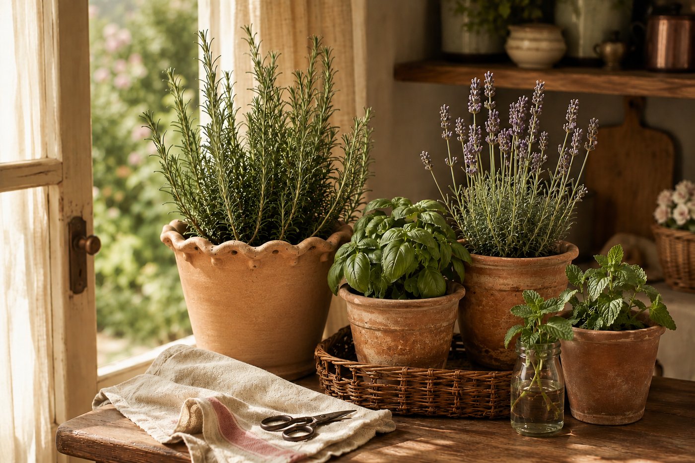 A small herb garden of vintage terra cotta planters on a sunlit wooden table — a scalloped-rim pot of rosemary, a flowering lavender, a small pot of basil in a woven tray, mint in a glass jar, and brass garden snips resting on a cream linen tea towel, in warm morning light from an open door.