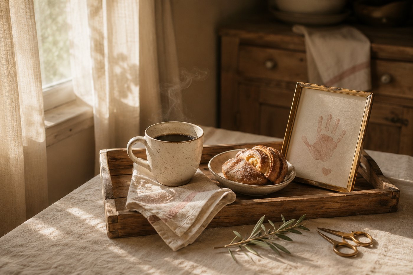 A warm Sunday-morning breakfast tray on a cream linen table — a cream stoneware mug of steaming coffee, a fresh croissant on a small plate, a dusty-rose-striped linen napkin, a gold-framed handprint card propped at the edge, an olive sprig and brass scissors beside the tray, in soft morning light from a linen-curtained window.