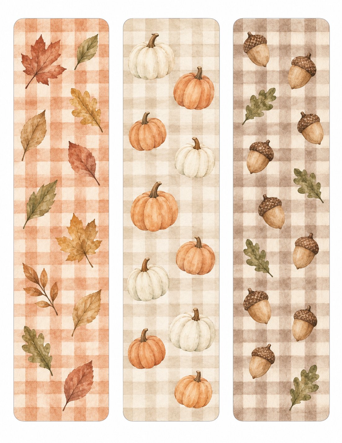 The Cottage Bookmarks — three watercolor autumn bookmarks in warm heritage tones: rust maple leaves on peach gingham, cream pumpkins on taupe gingham, and taupe acorns on warm brown gingham.