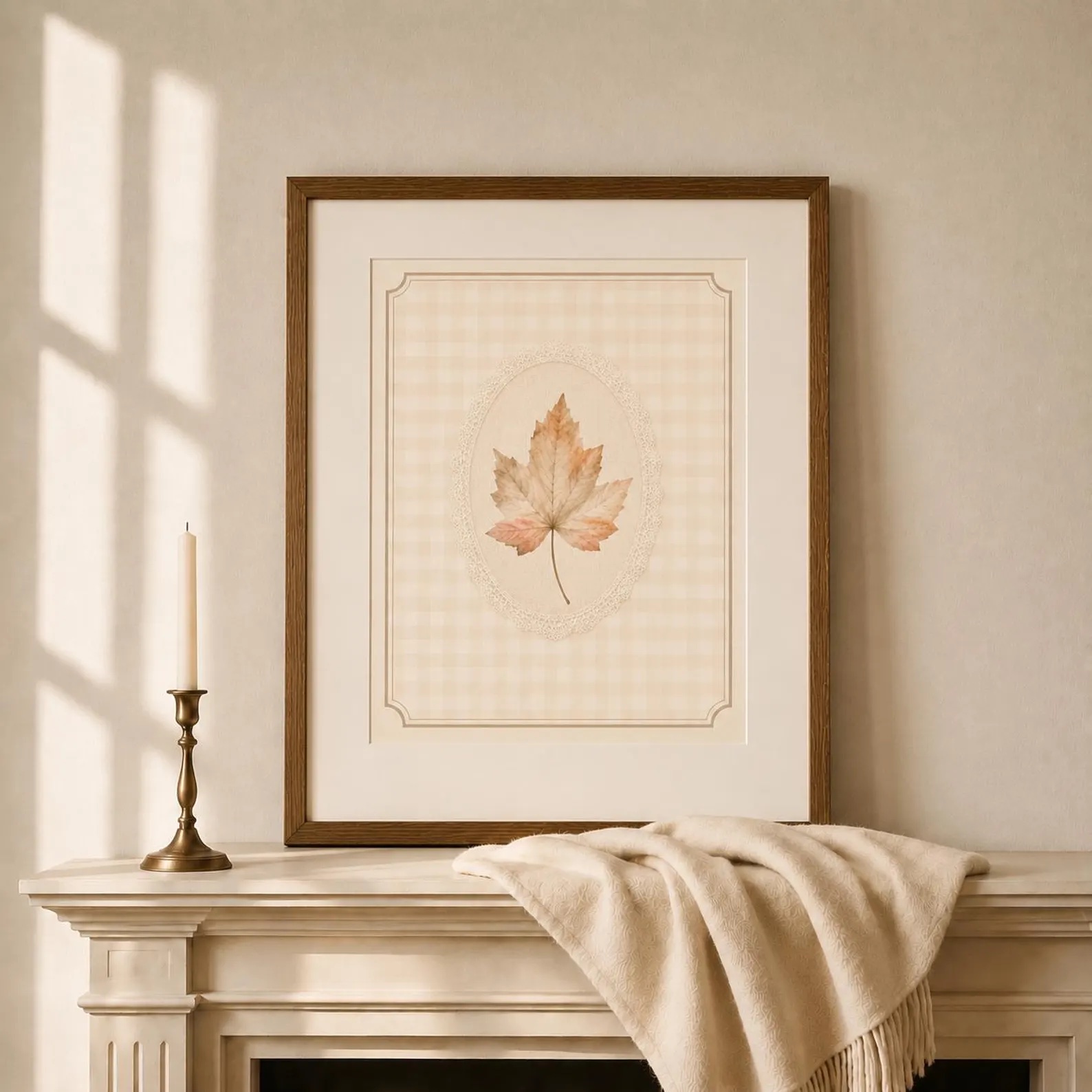 The First Frost watercolor printable in a vintage oak frame on a cream-painted mantel, beside a slim brass candlestick and a folded cream throw in warm window light.