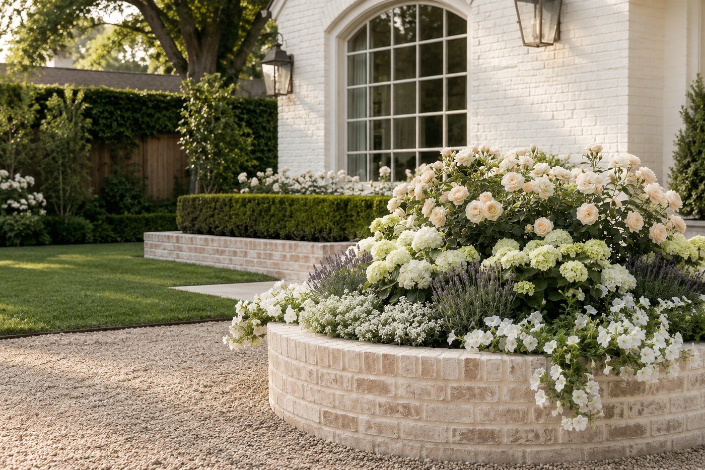 A refined English country garden bed in bloom — soft cream and dusty rose tones in warm morning light.