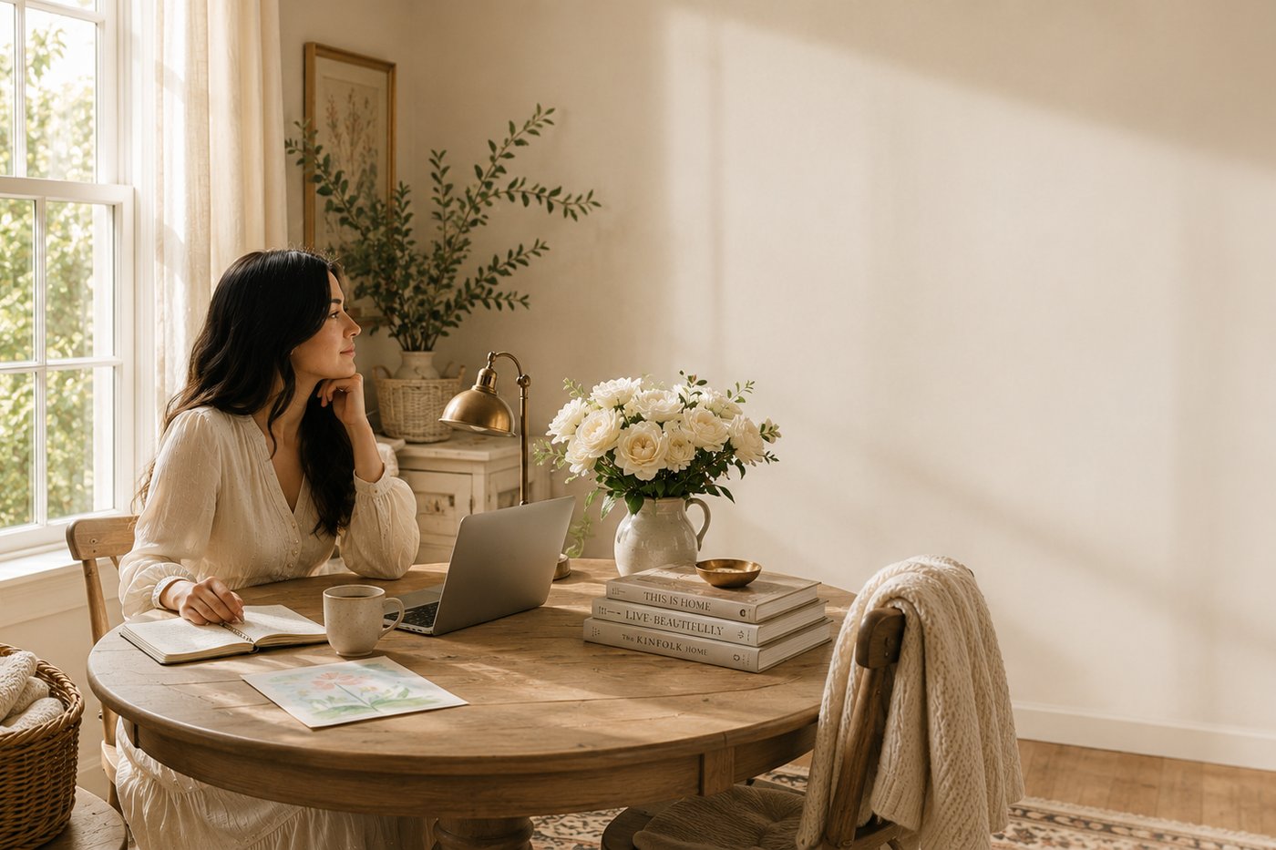 A faceless soft blogger at a small round writing table by a sunlit mullioned window, chin resting in her hand as she gazes quietly out across the garden — an open notebook beside her, contemplating what she is about to write.
