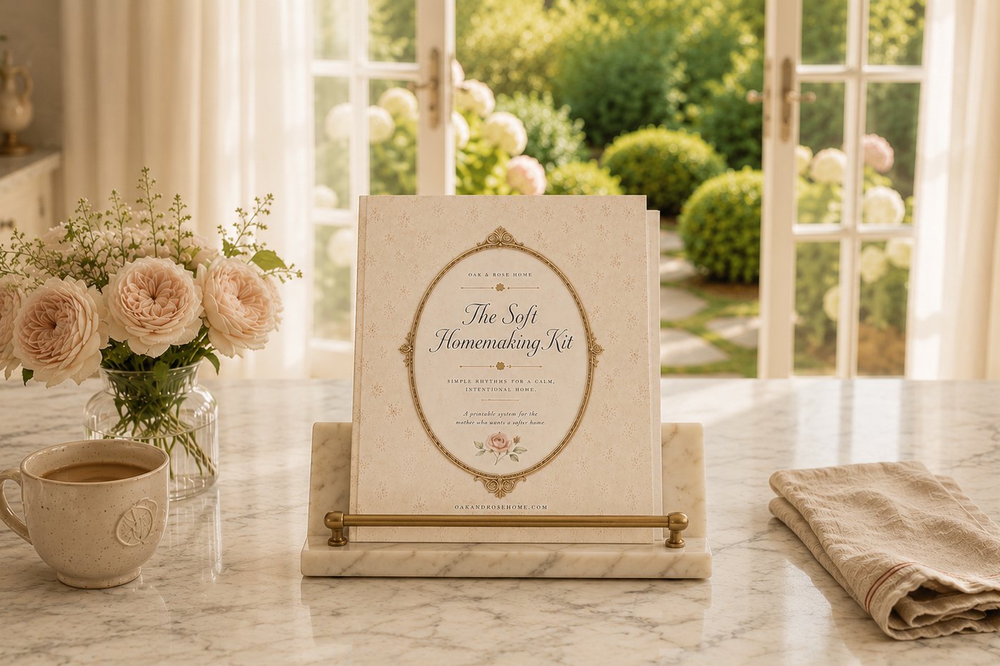 The Soft Homemaking Kit — a four-page printable system styled on a cream linen surface in soft natural light.
