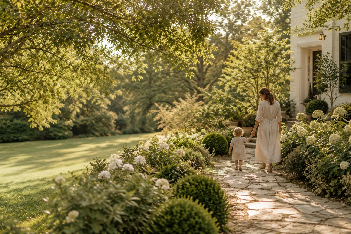 A mother walking hand-in-hand with her toddler down a refined natural stone path through an English country garden in profuse white hydrangea bloom